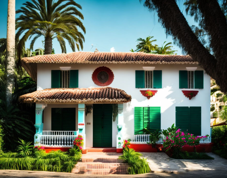 Traditional two-story house with green shutters and red accents, nestled among palm trees and lush greenery