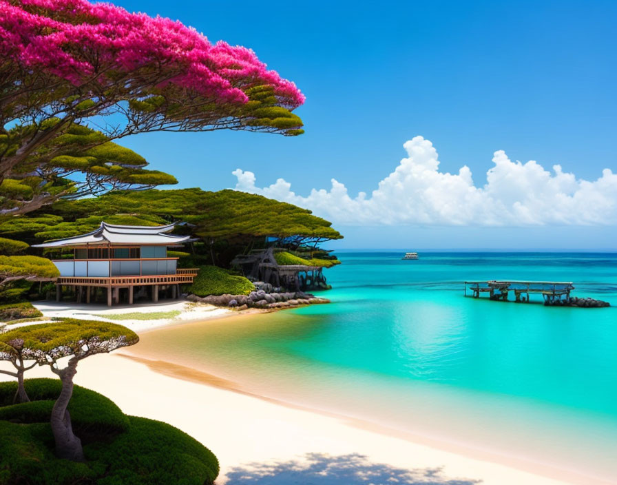 Tranquil Asian-style beach scene with pink blooms and blue ocean