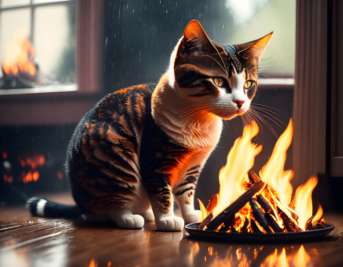 Tabby Cat Beside Mini Campfire Indoors, Rainy Window, Cozy Fireplace