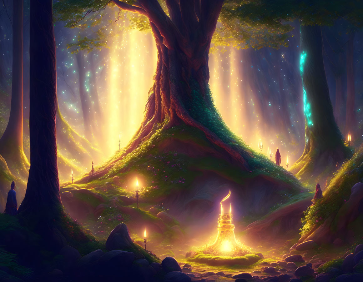 Enchanted forest scene with large tree, magical lights, lanterns, and ethereal sunlight.