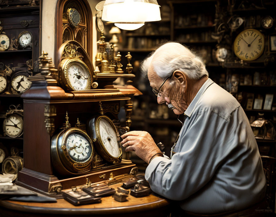 Elderly clockmaker repairs vintage timepiece in cozy, lamp-lit workshop