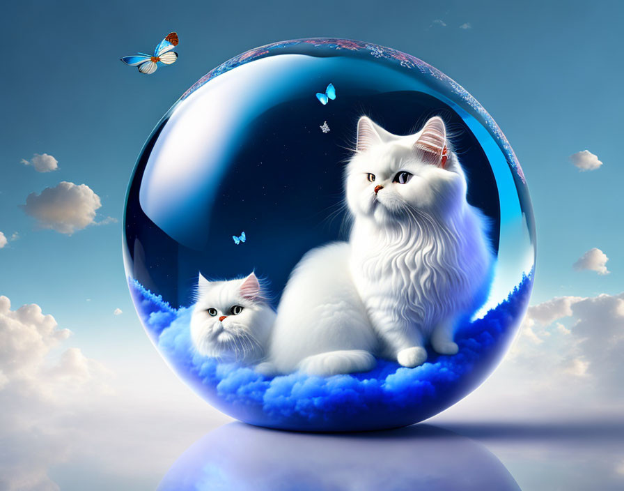 White Fluffy Cats in Bubble with Clouds and Butterflies on Blue Sky