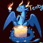 Blue dragon with glowing eyes coiled around candle, wings spread, second dragon in background