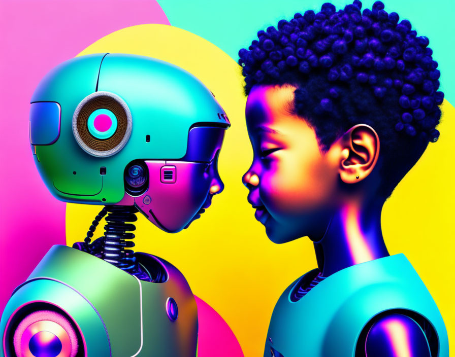 Curly-Haired Boy and Colorful Robot in Close Encounter