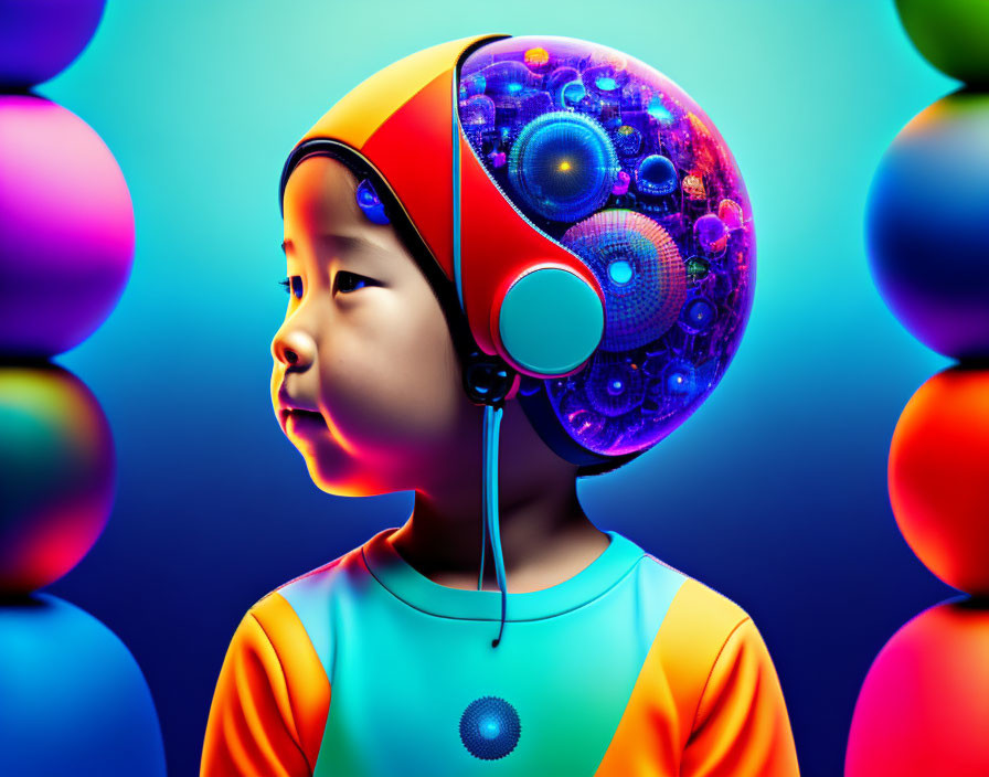 Colorful Child's Helmet with Mechanical and Electronic Design on Vibrant Sphere Background