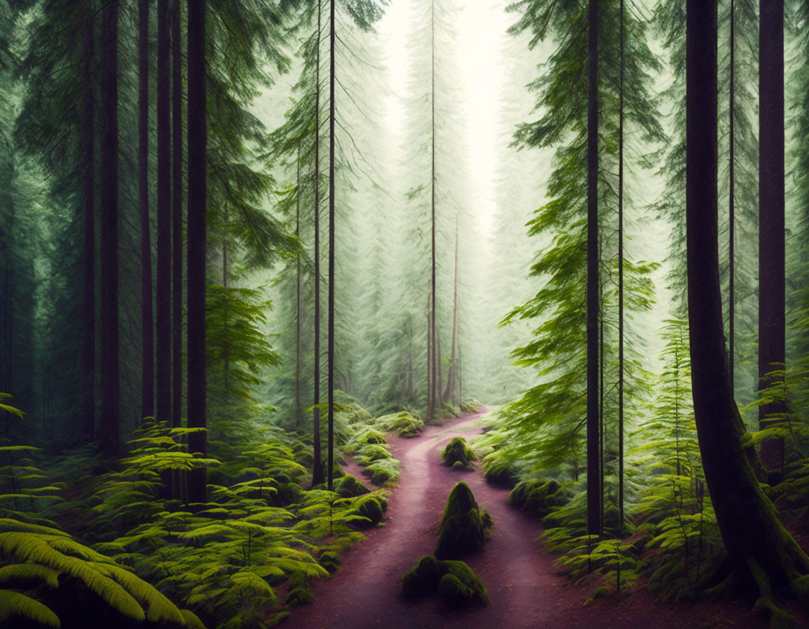 Misty forest scene with winding path and tall trees