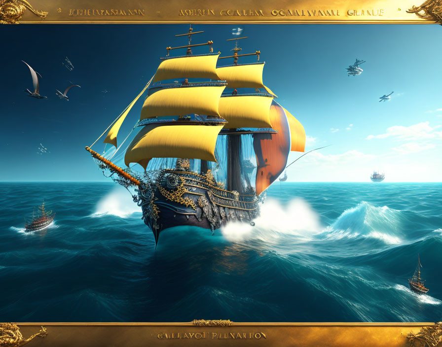 Golden ship with yellow sails navigating blue seas with seagulls and distant ships