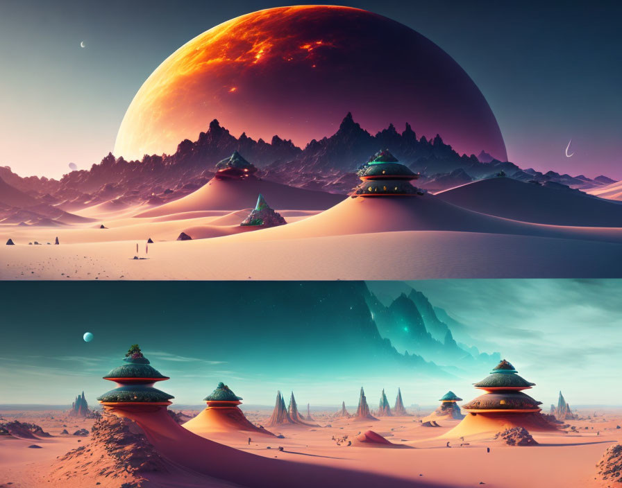 Surreal landscape with orange planet, alien structures, and dusky sky