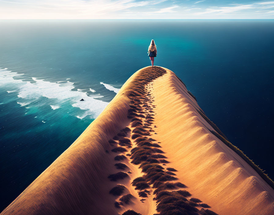 Person on sand dune gazes at ocean waves under blue sky