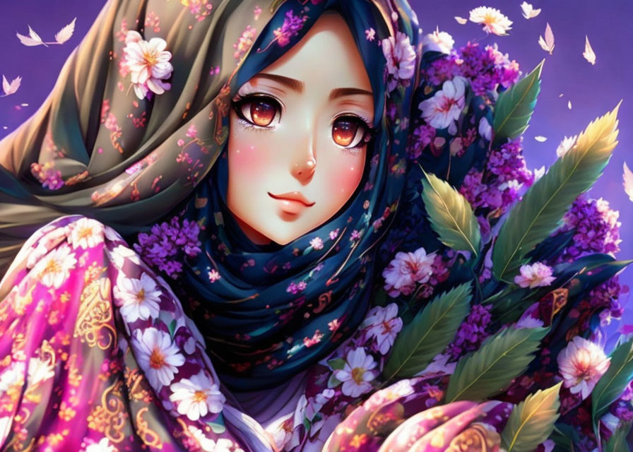 Woman with floral hijab and blossoms in expressive illustration