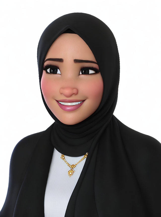 3D illustration of woman in black hijab with gold necklace