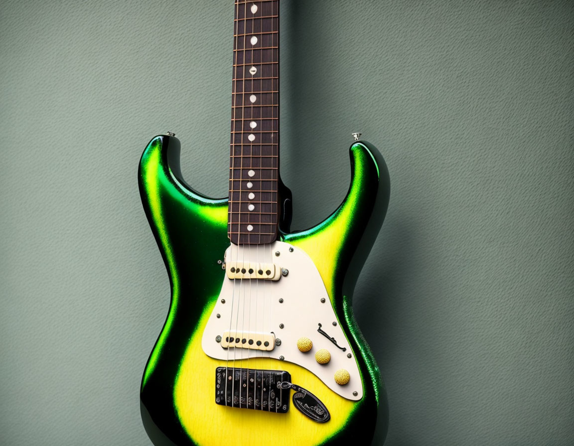 Green and Yellow Electric Guitar with White Pickguard Against Grey Wall