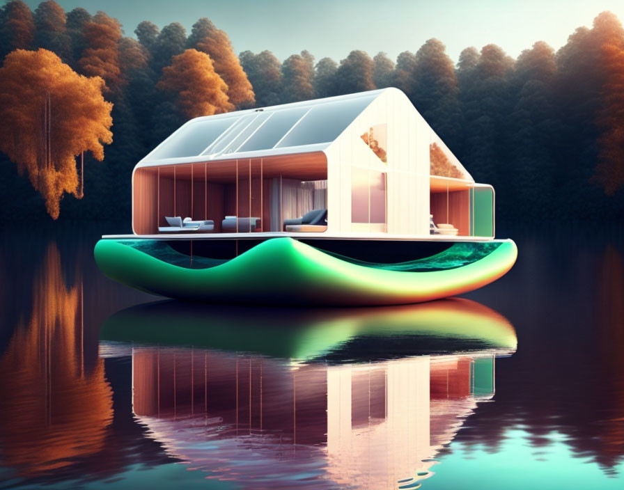 Modern houseboat on serene waters with autumn trees reflection