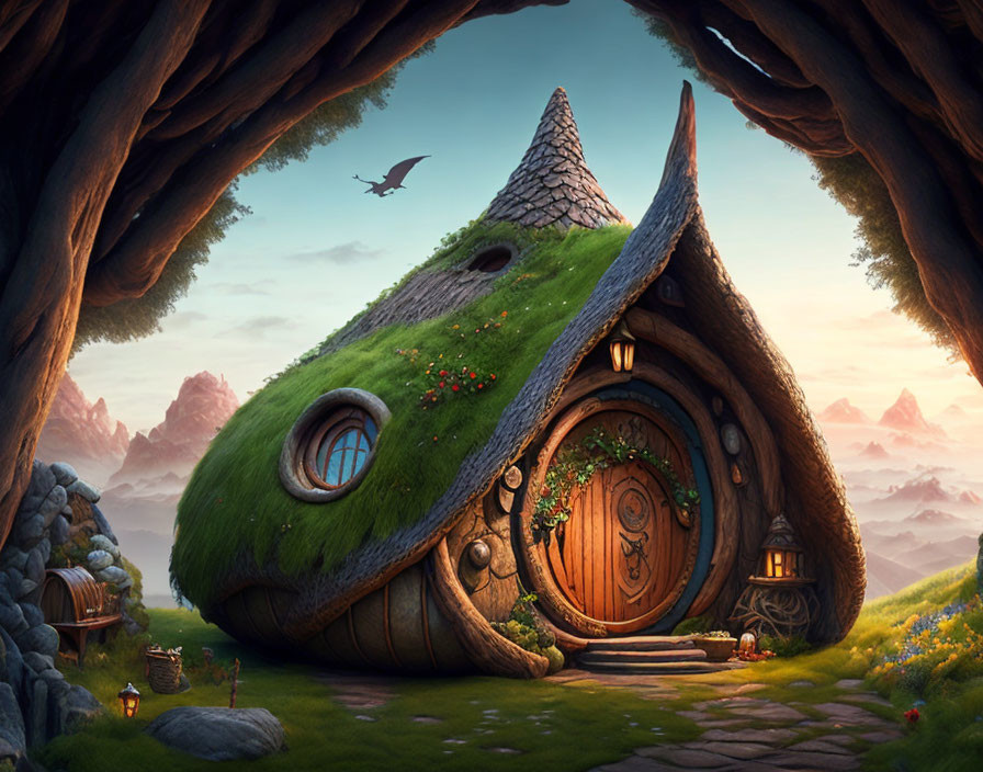 Fantasy cottage with round door nestled under hill, arched cave entrance, mountains, flying bird.