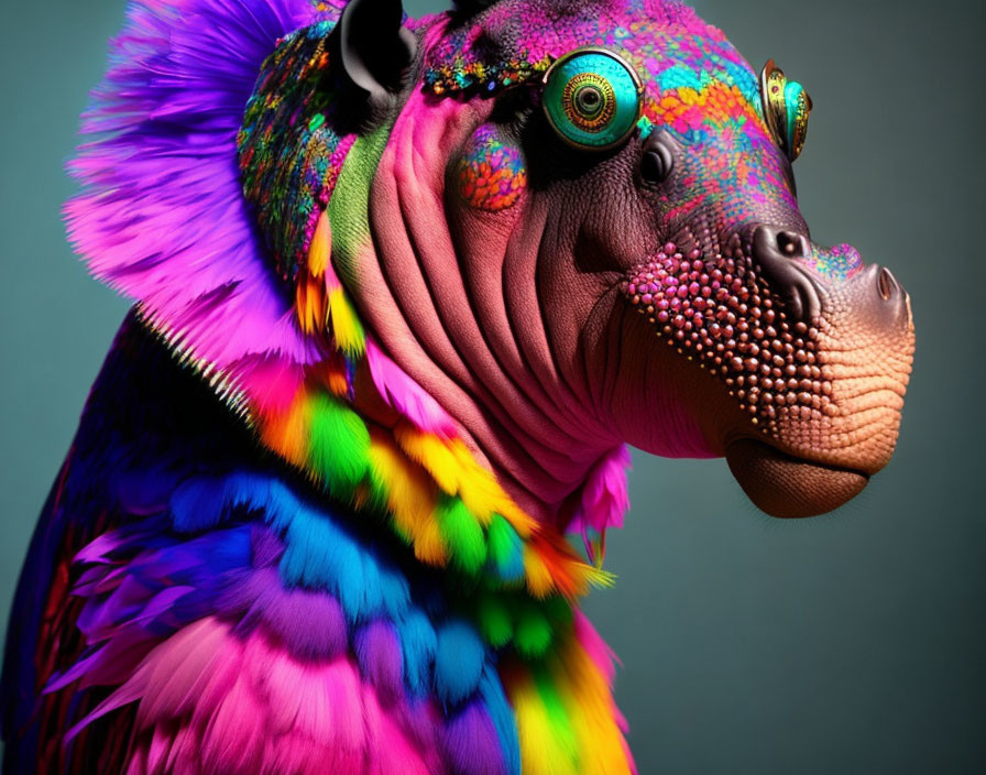 Colorful surreal creature with hippo head, peacock texture, rainbow hues on teal.