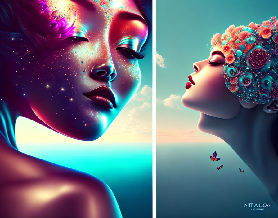 Dual women with cosmic and floral hair art against oceanic backgrounds