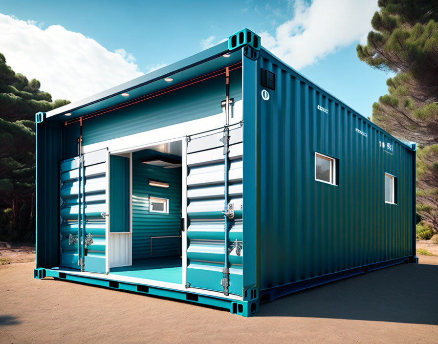 Converted Shipping Container Tiny Home with Windows and Sliding Door in Natural Setting