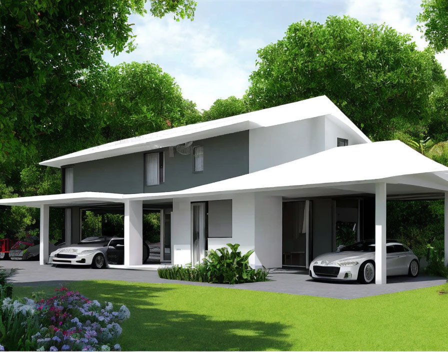 White Exterior Two-Story House with Large Windows and Carport for Two Cars