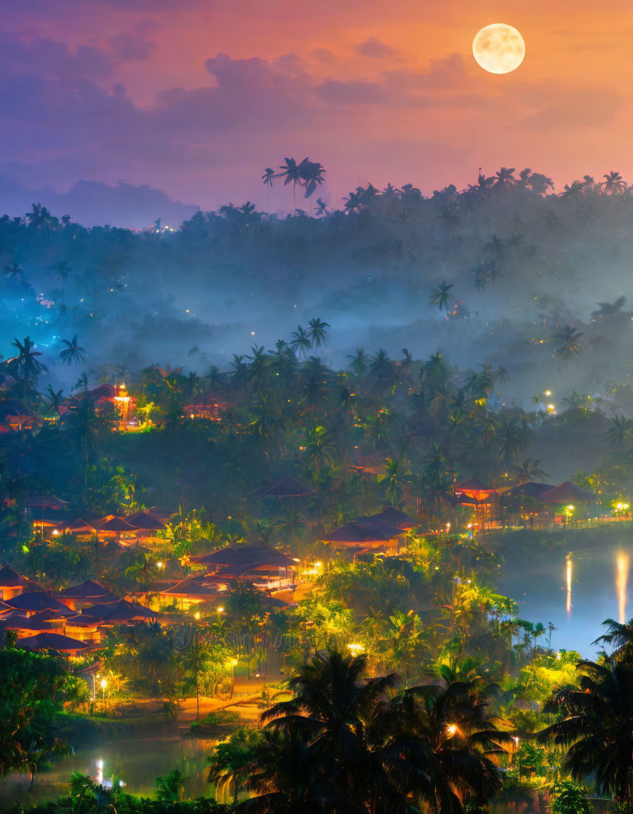 Twilight scene: Tropical village under full moon with palm tree silhouettes and lake reflections