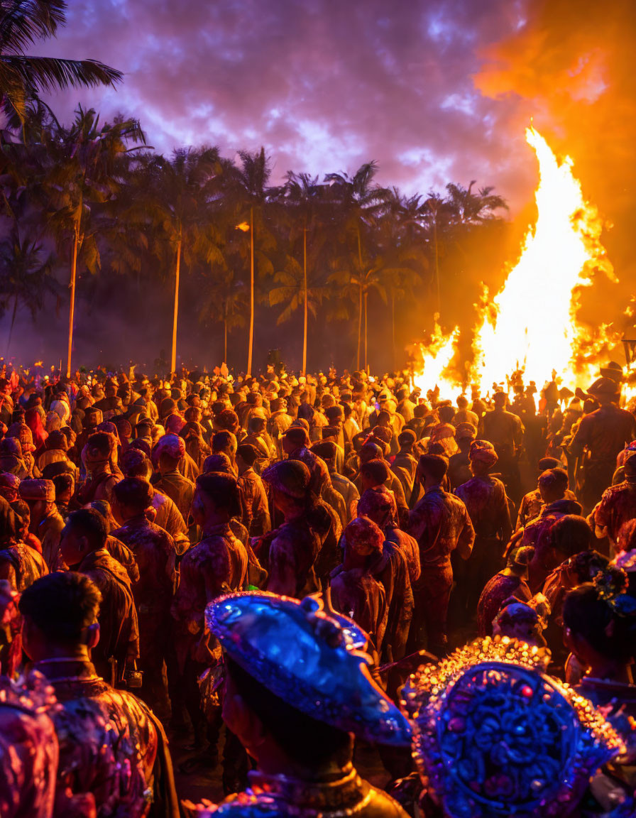 Crowd at dusk near large bonfire, palm tree silhouettes in twilight sky