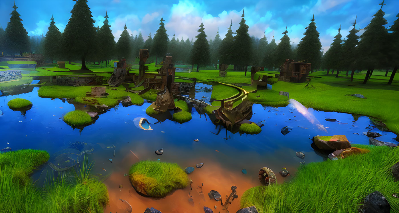 Virtual landscape: Reflective blue lake, lush greenery, ruins, and debris under blue sky