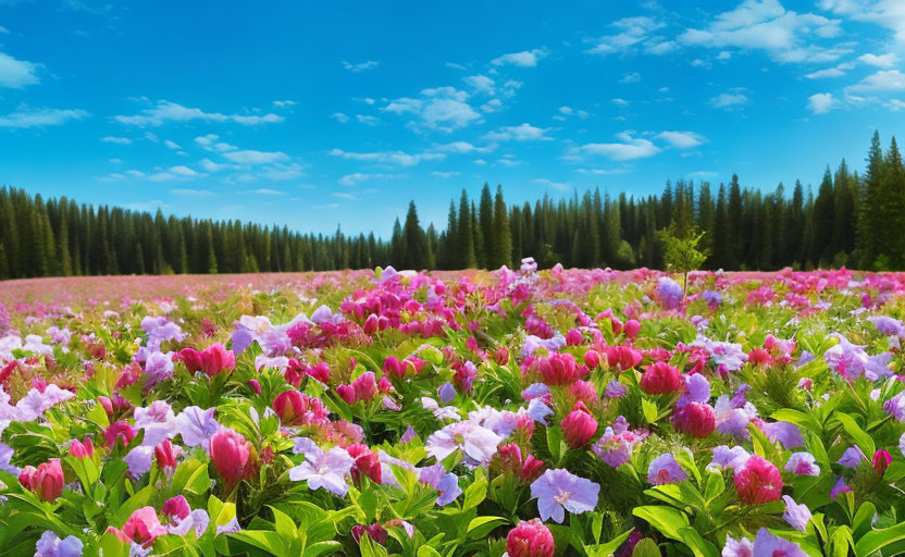 Lush Pink Wildflowers in Vibrant Field with Evergreen Forests