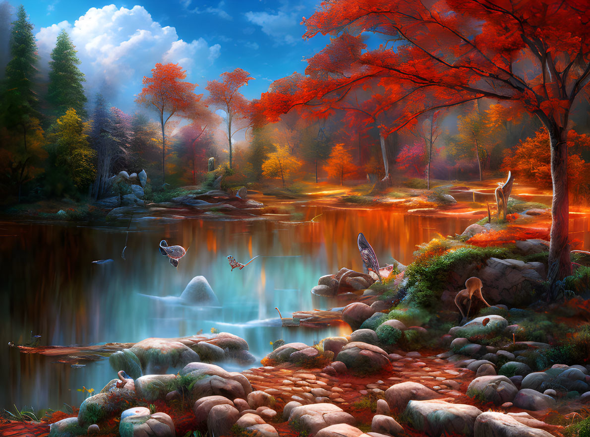 Vibrant autumn forest with red foliage, serene lake, wildlife, cobblestone path