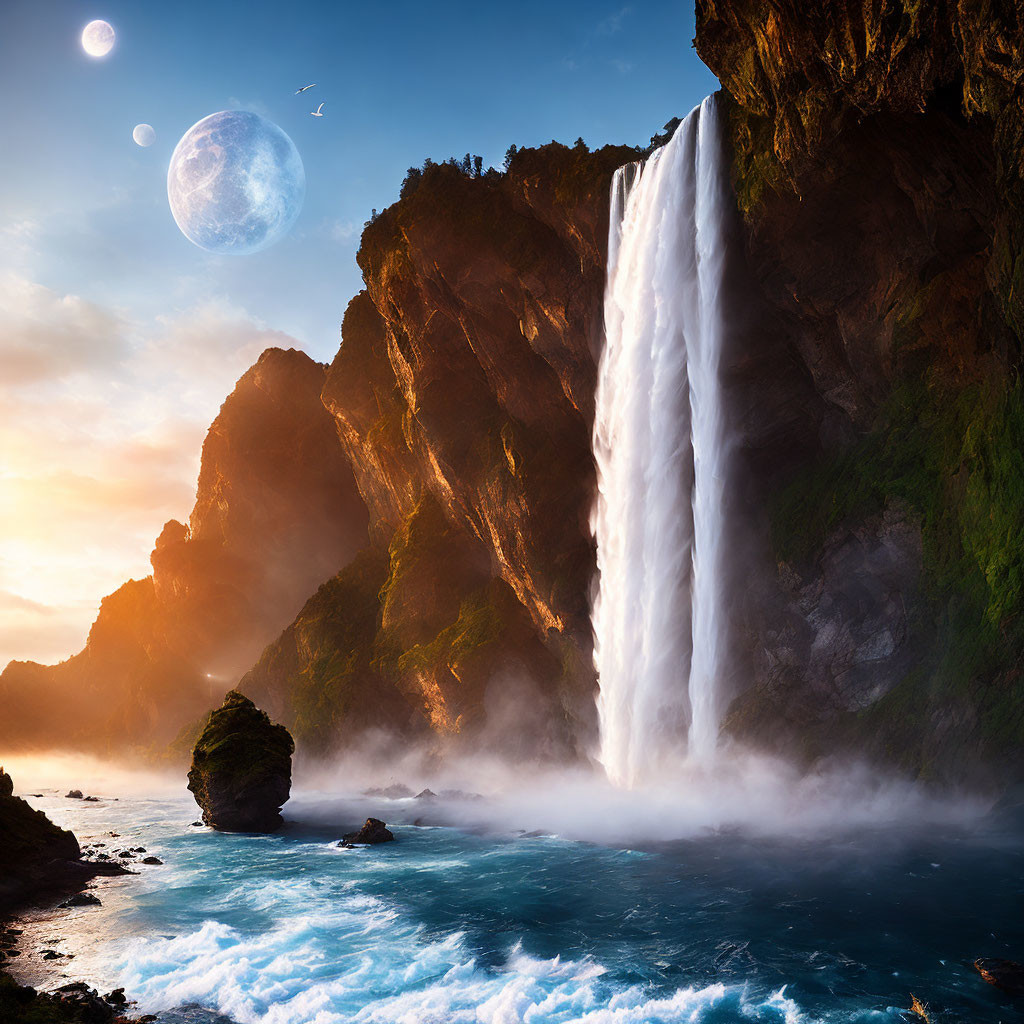 Majestic waterfall cascading into ocean under sunset sky