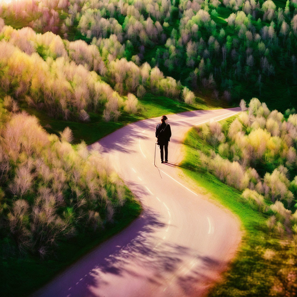 Person at fork in winding road in lush forest under warm sunlight