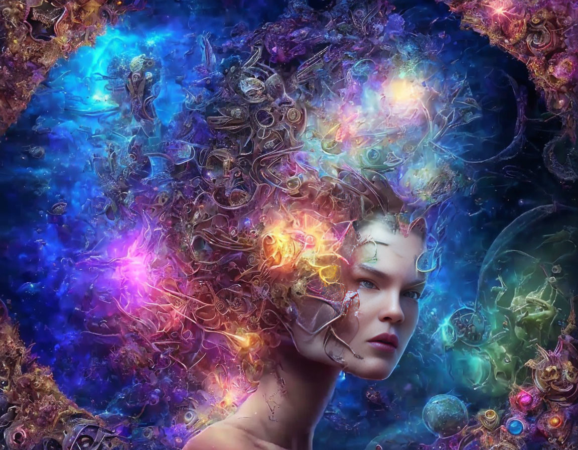 Surreal portrait of woman with cosmic background and metallic crown.