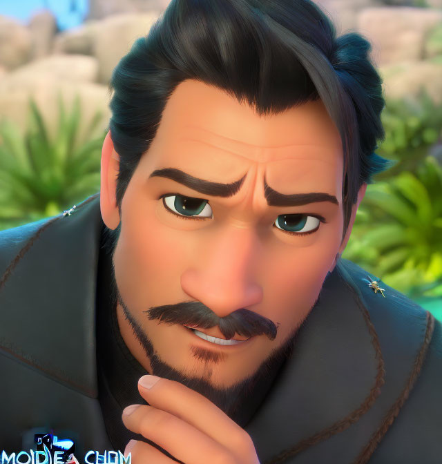 Close-up 3D animated male character with dark hair and mustache in contemplative pose, against