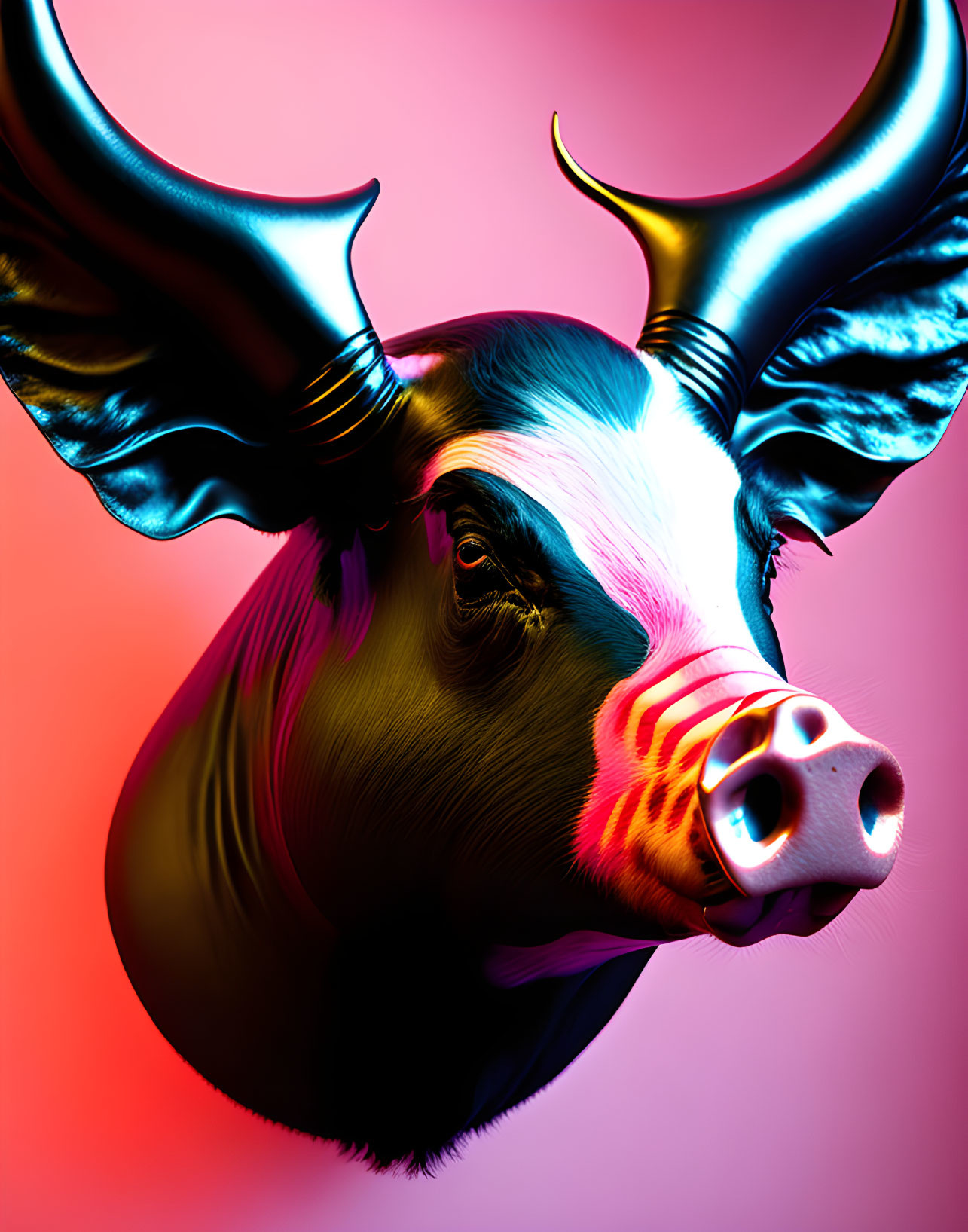 Colorful Digital Art: Bull's Head with Sharp Horns on Pink and Red Gradient