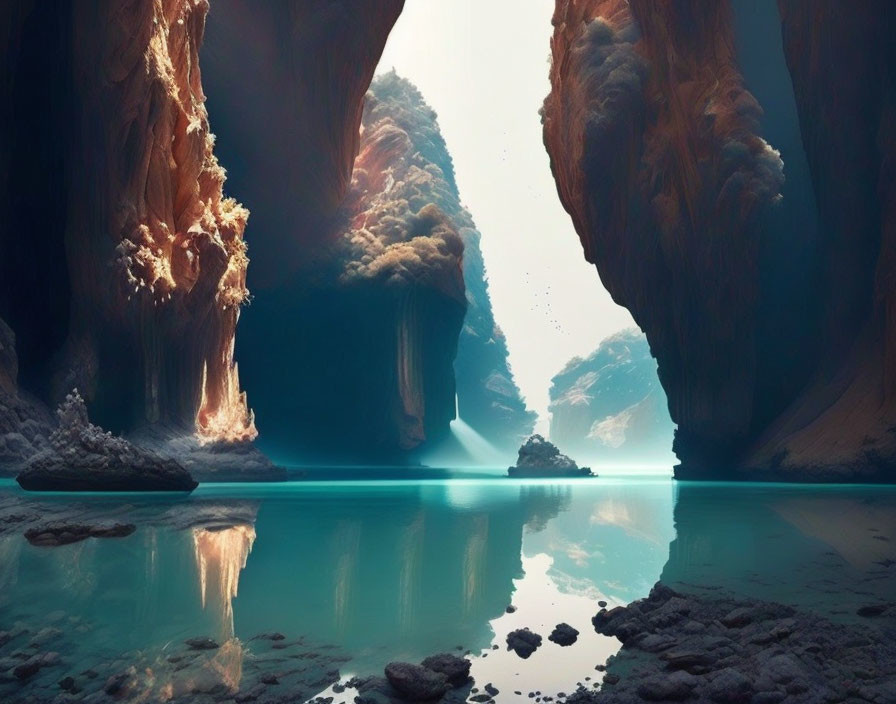 Ethereal cavern with towering walls and tranquil turquoise water surface