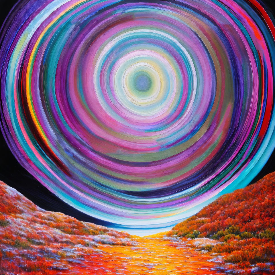 Colorful swirling vortex above autumn landscape in vibrant painting