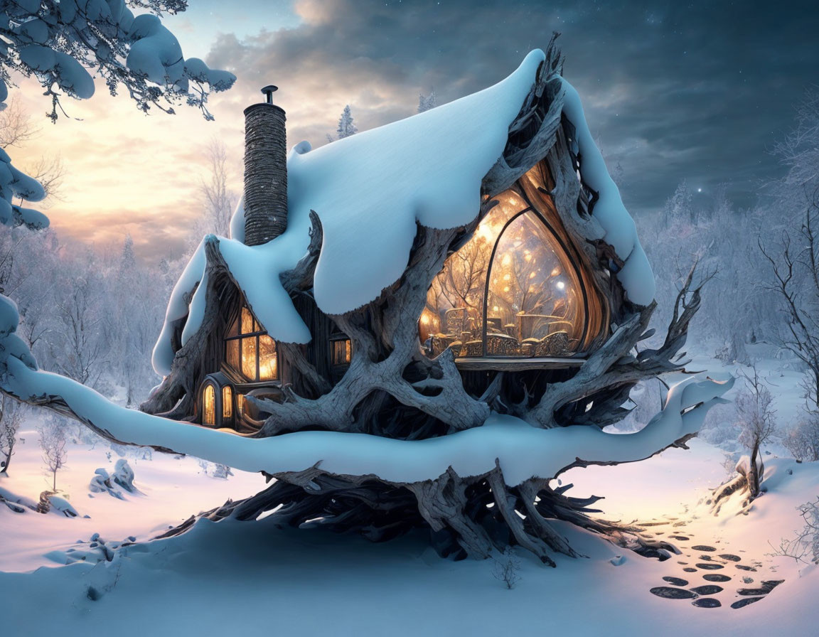 Snow-covered fantasy treehouse with warm glowing lights in serene winter landscape