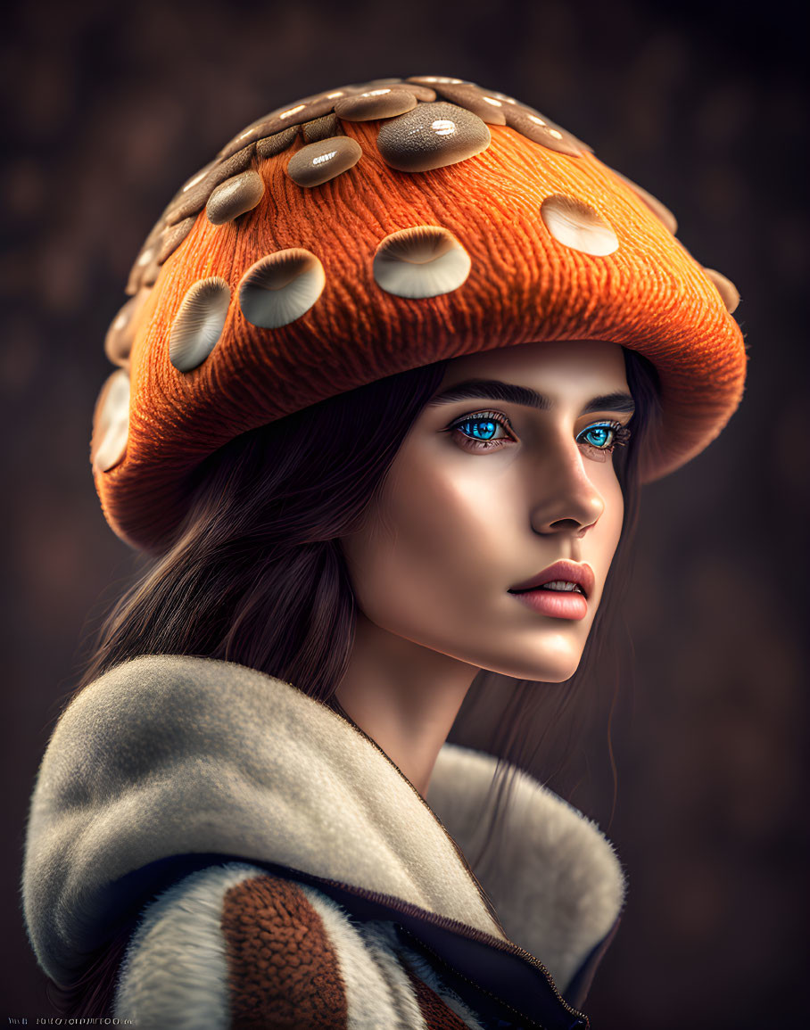 Digital artwork: Woman with striking blue eyes in mushroom cap hat & textured jacket on brown backdrop