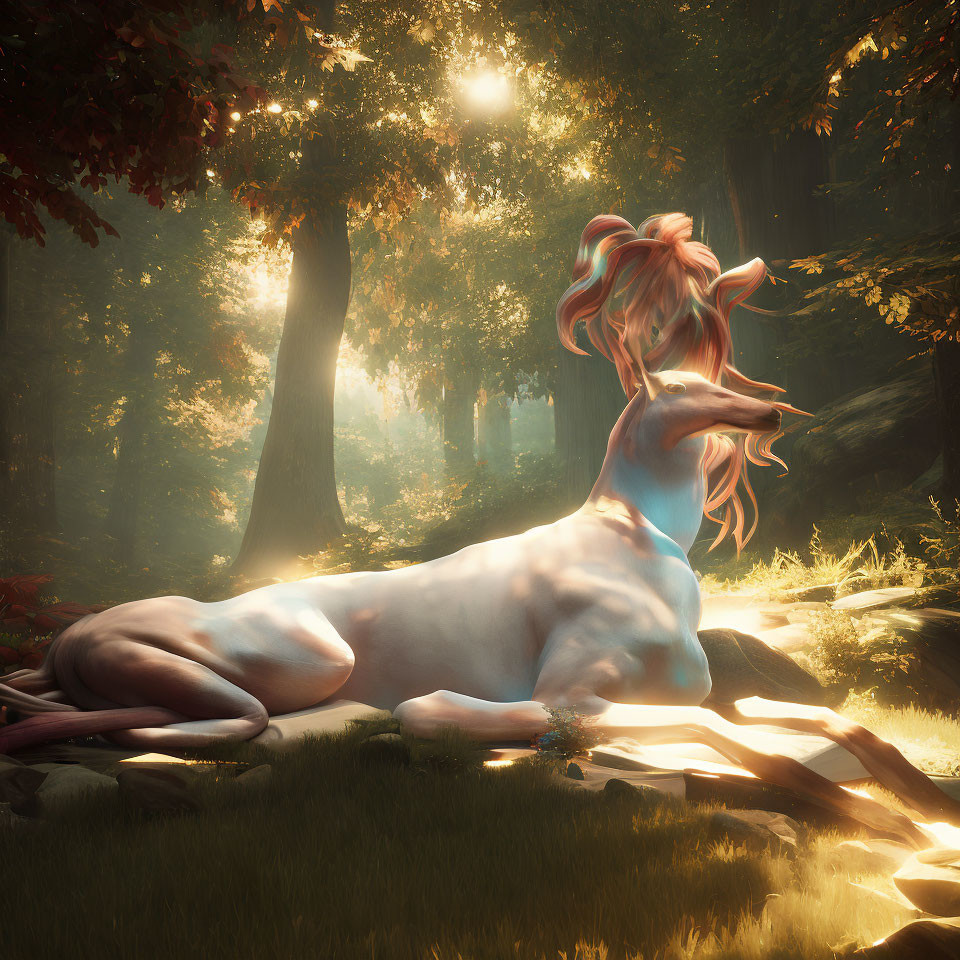 Majestic unicorn in sunlit forest clearing surrounded by trees