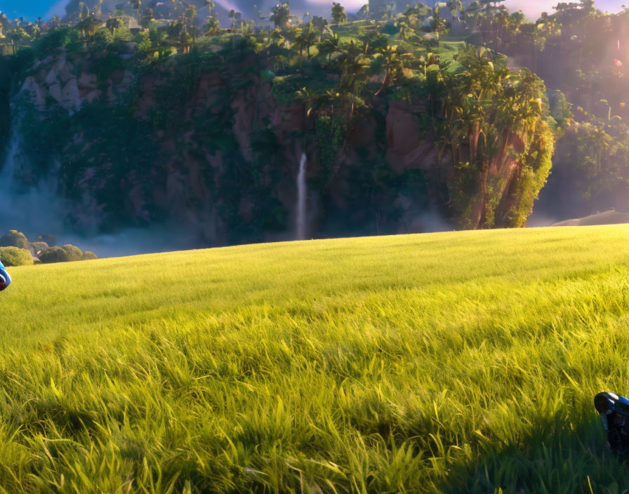 Serene landscape with waterfall, lush green field, and sunlight