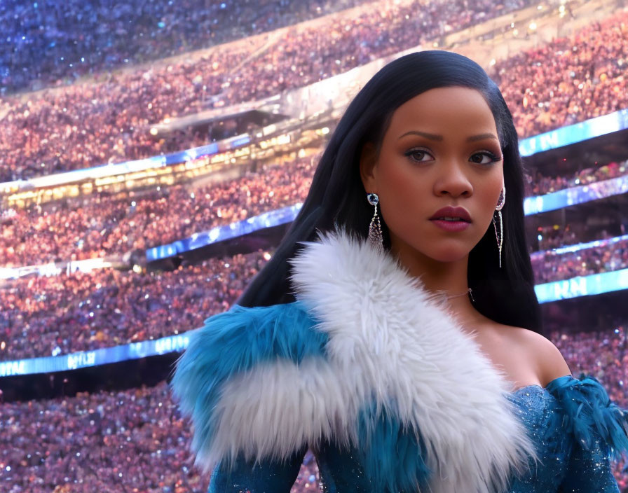 Serious woman in blue outfit and hoop earrings at crowded stadium