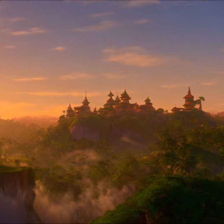 Serene sunrise landscape with pagoda-style buildings on lush cliffs