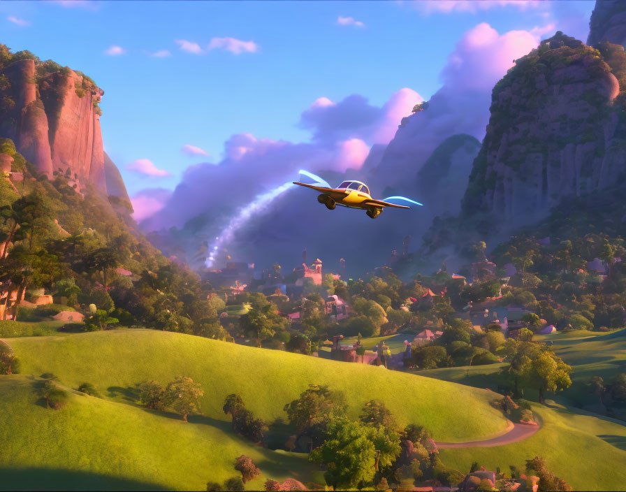 Yellow animated plane flying over vibrant green valley with village and rock formations.