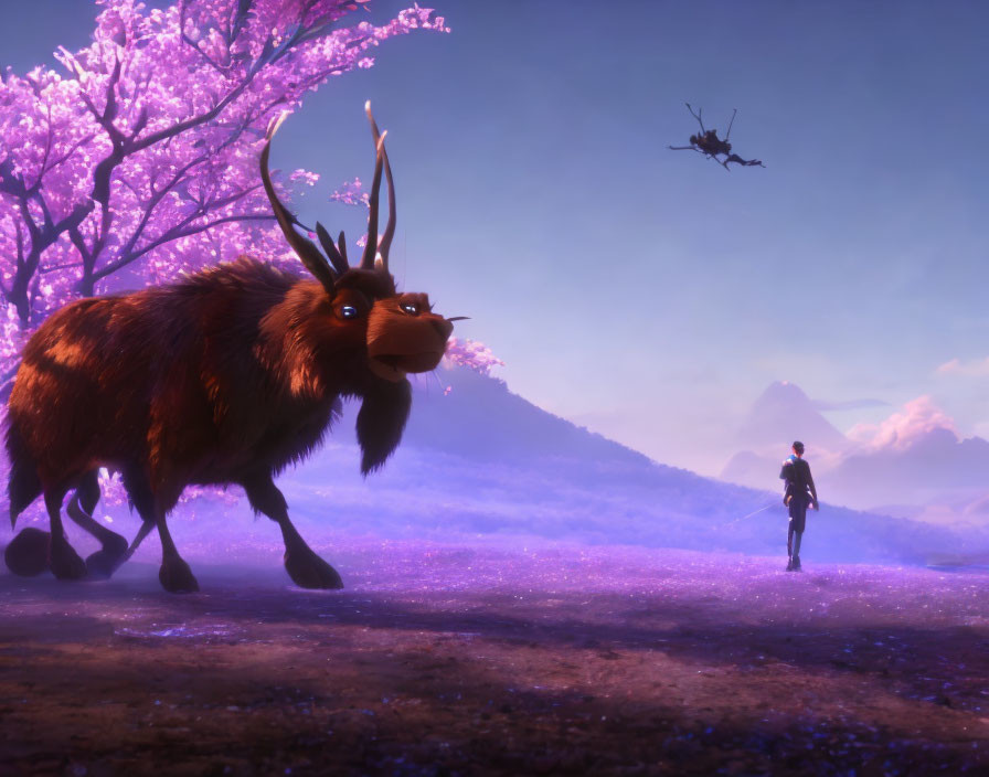 Fantasy scene with yak-like creature, person, flying vehicle, and purple trees