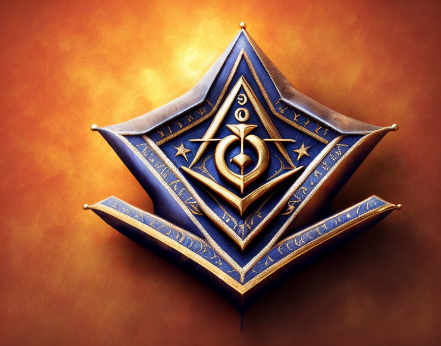 Metallic Emblem with Blue and Gold Mystic Symbols on Fiery Orange Background