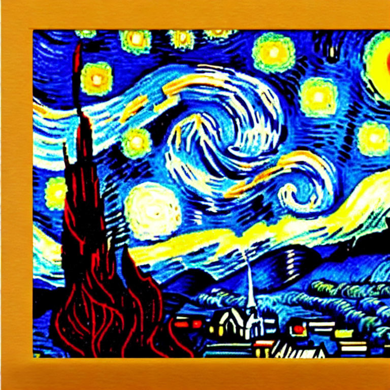 Vibrant painting of starry night sky with crescent moon and cypress tree