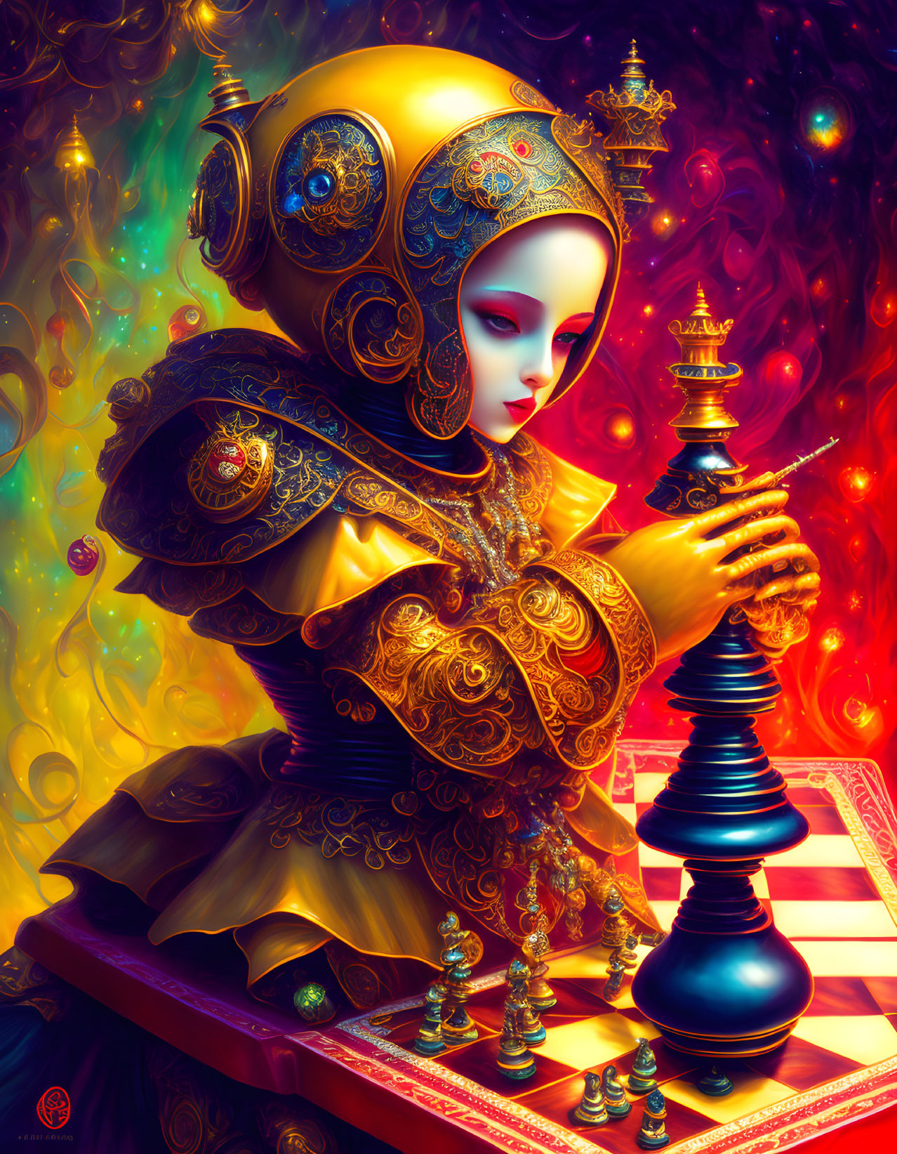 Robot in Gold-Trimmed Attire Contemplating Chess Move on Colorful Board