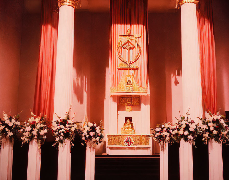 Golden altar with white floral arrangements and pink drapery exudes elegance