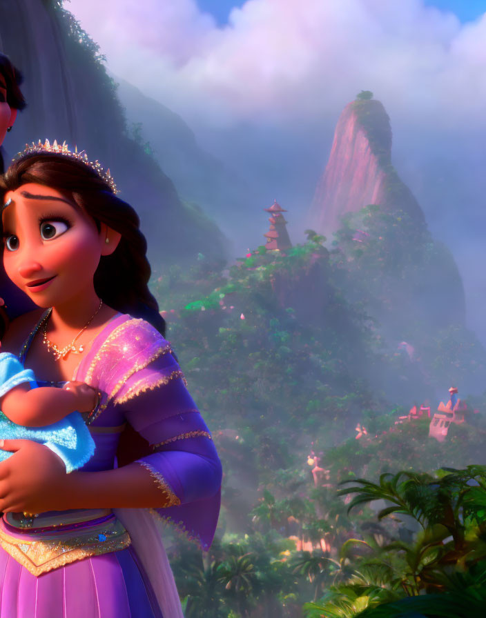 Purple-dressed animated princess with baby in misty mountain landscape