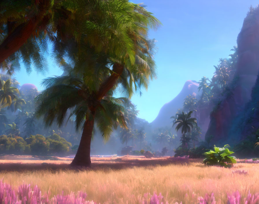 Tranquil Landscape with Palm Trees, Wildflowers, and Misty Mountains