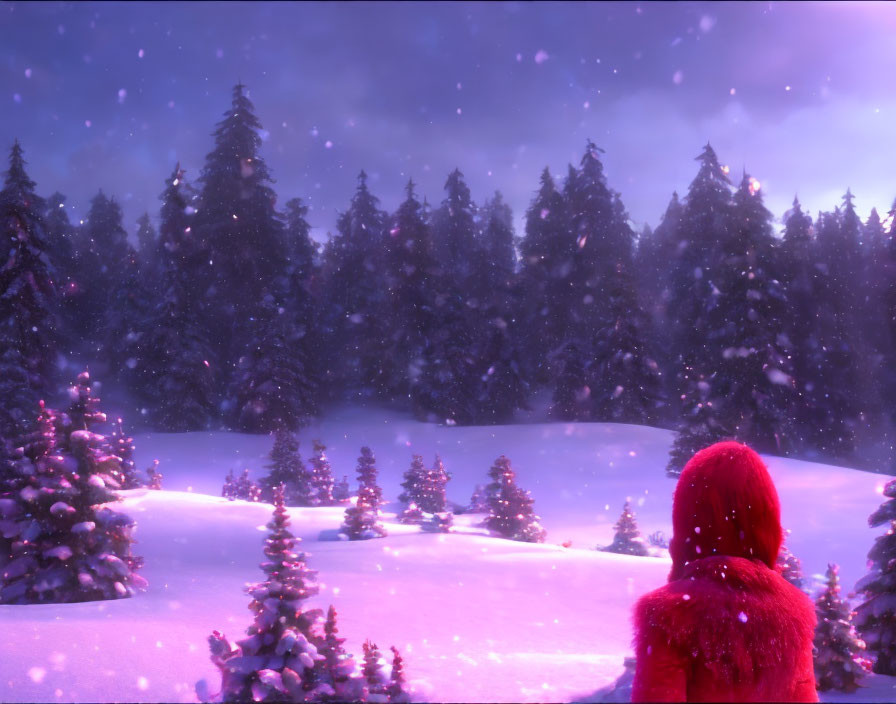 Person in Red Coat Contemplating Snowy Forest at Twilight