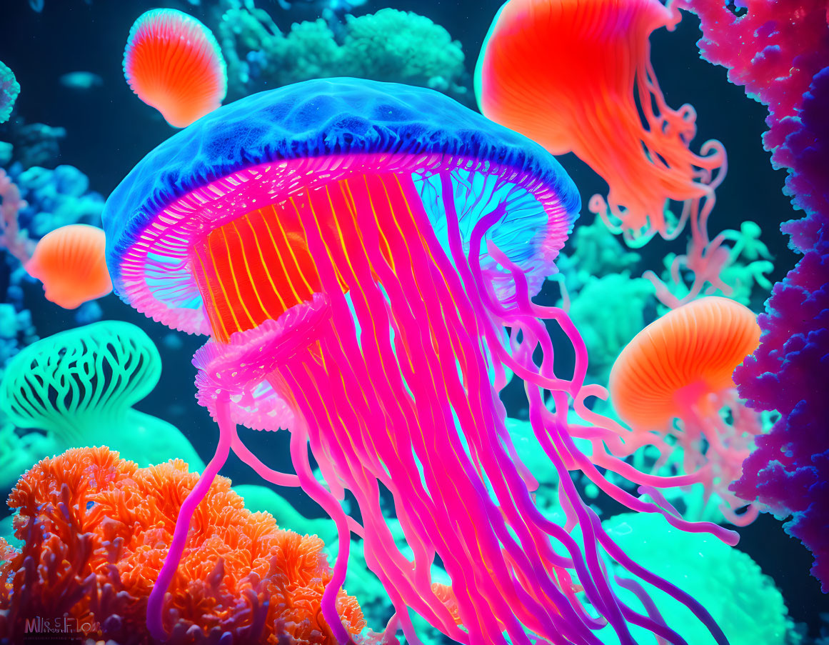 Colorful Underwater Scene: Neon Pink Jellyfish and Coral Reef Display